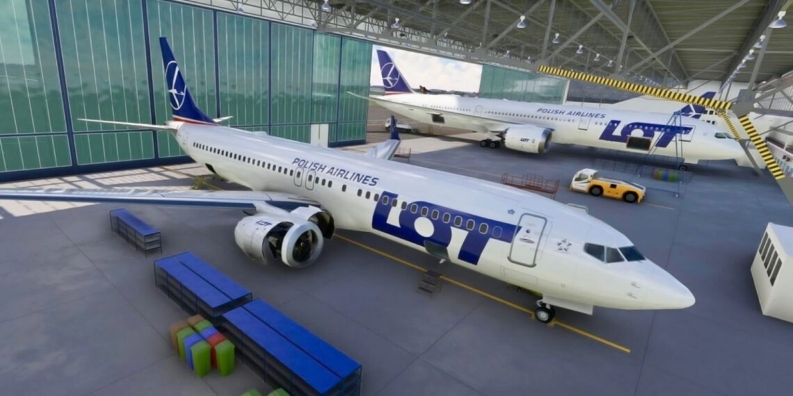 A hangar with LOT Airliners at Warsaw Airport for Microsoft Flight Simulator