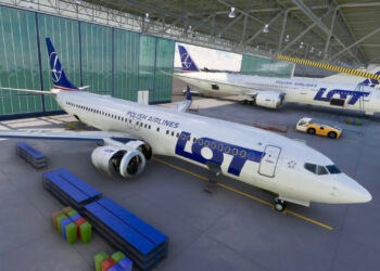 A hangar with LOT Airliners at Warsaw Airport for Microsoft Flight Simulator