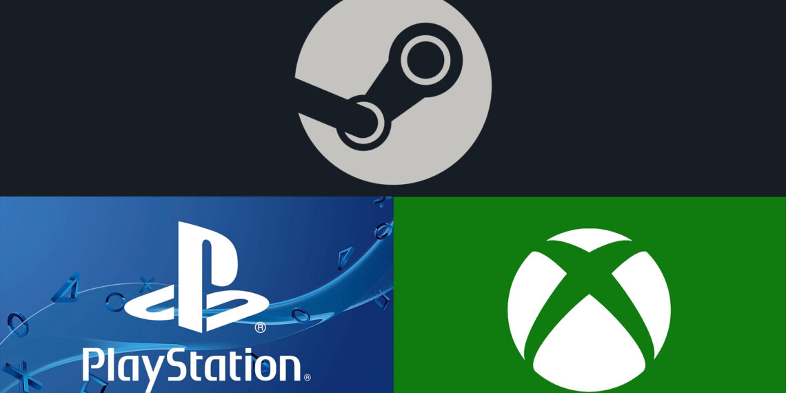 Steam, PlayStation, and Xbox logos