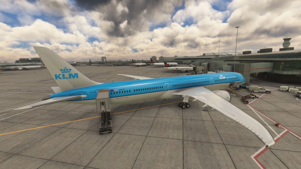 A KLM Boeing 787 parked at Toronto airport in Microosft Flight Simulator