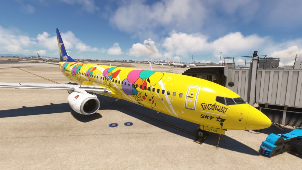 A Skymark Boeing 737 in Pokemon livery in Microsoft Flight Simulator