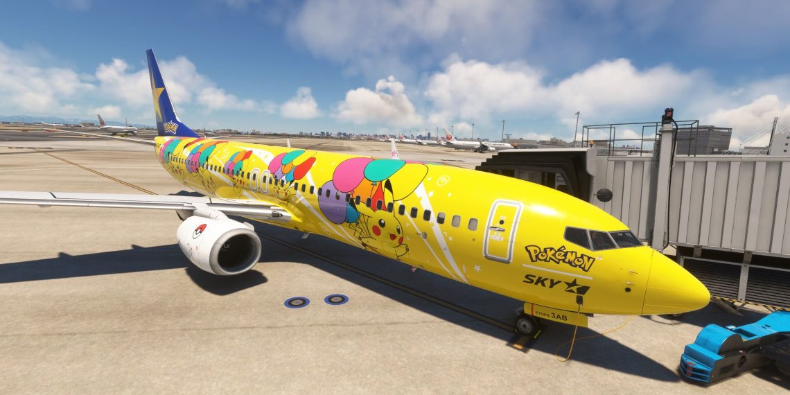 A Skymark Boeing 737 in Pokemon livery in Microsoft Flight Simulator by PMDG