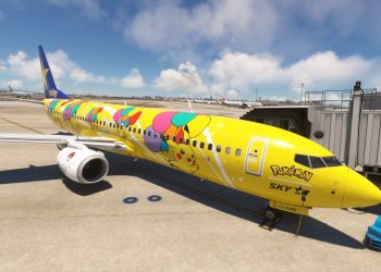 A Skymark Boeing 737 in Pokemon livery in Microsoft Flight Simulator by PMDG