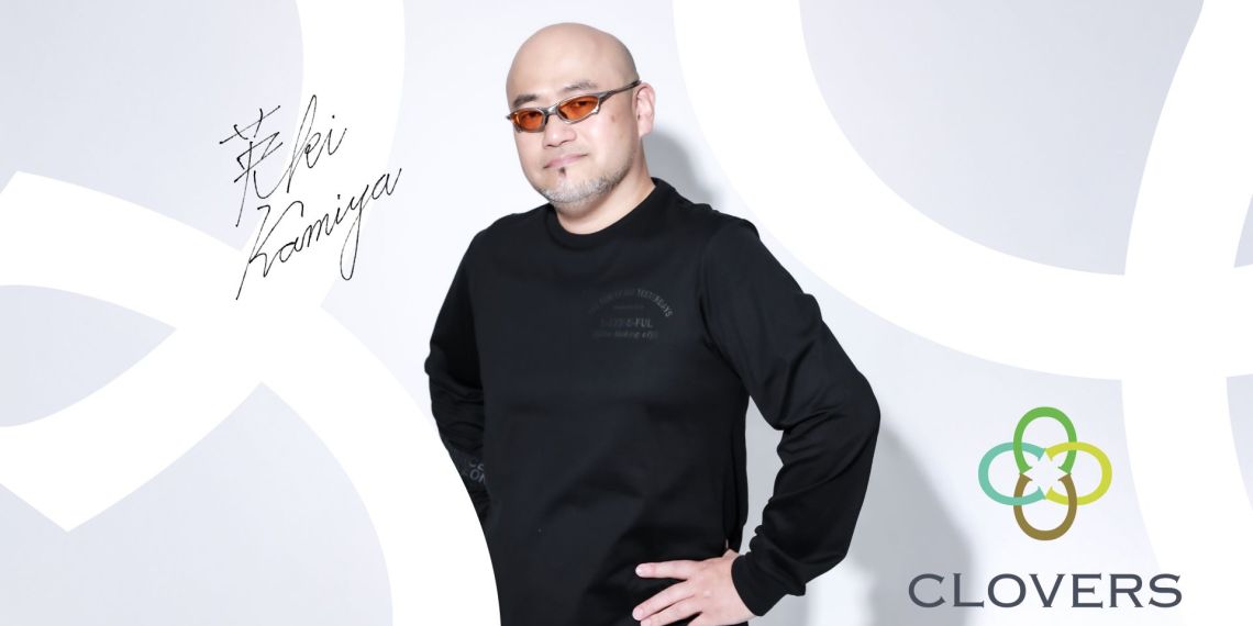 A picture of Hideki Kamiya, Clovers Studio Headm with the Clovers logo and his signature