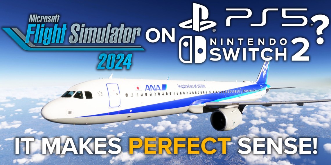 Microsoft Flight Simulator 2024 Screenshot Portraying an ANA Airbus A321neo flying over Tokyo with PS5 and Nintendo Switch 2 logos, mentioning that it makes perfect sense.
