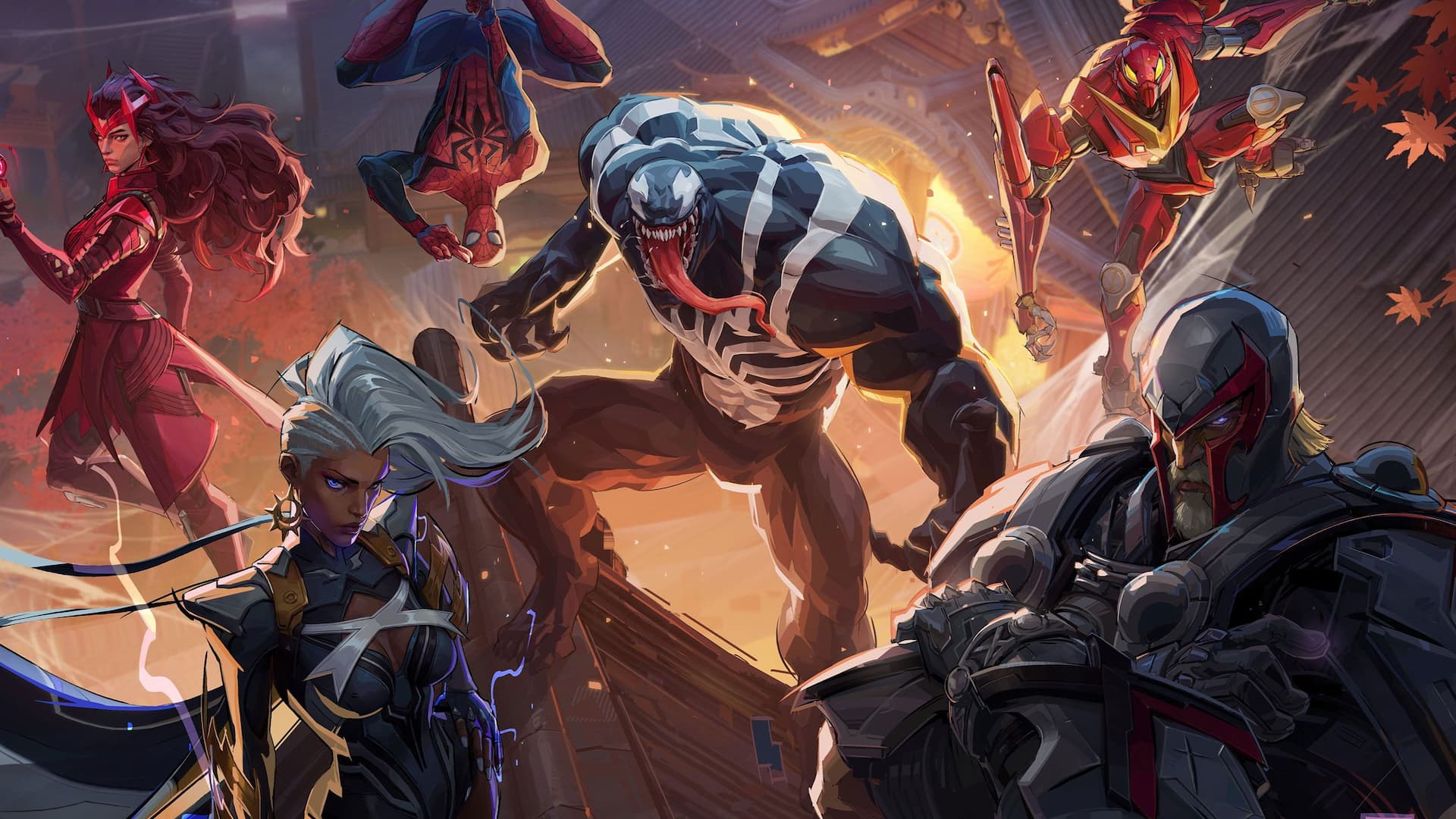 Venom, Storm, Magneto, Scarlet Witch, Spider Man, and Peni Parker in Marvel Rivals