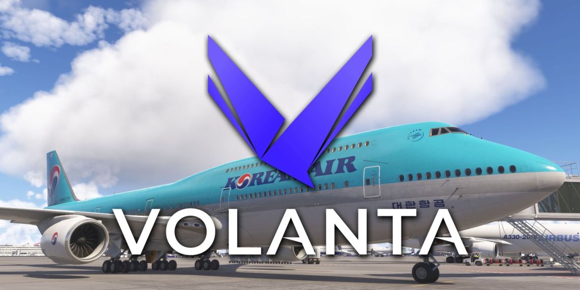 Boeing 747 i Korean Airlines livery parked at Tokyo Haneda with Volanta logo