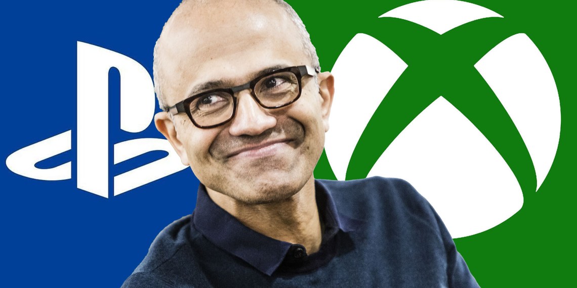 Microsoft CEO Satya Nadella with Xbox and PlayStation Logo