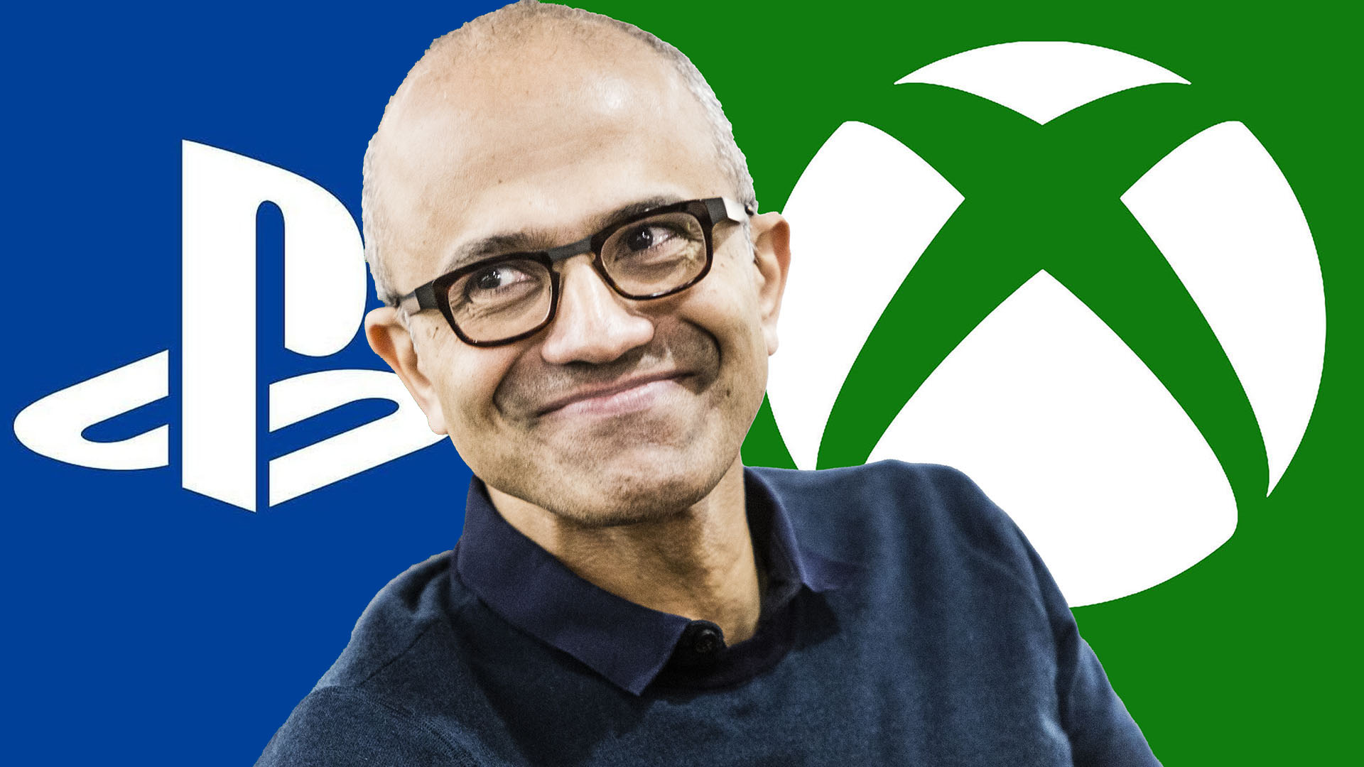 Microsoft CEO Satya Nadella with Xbox and PlayStation Logo