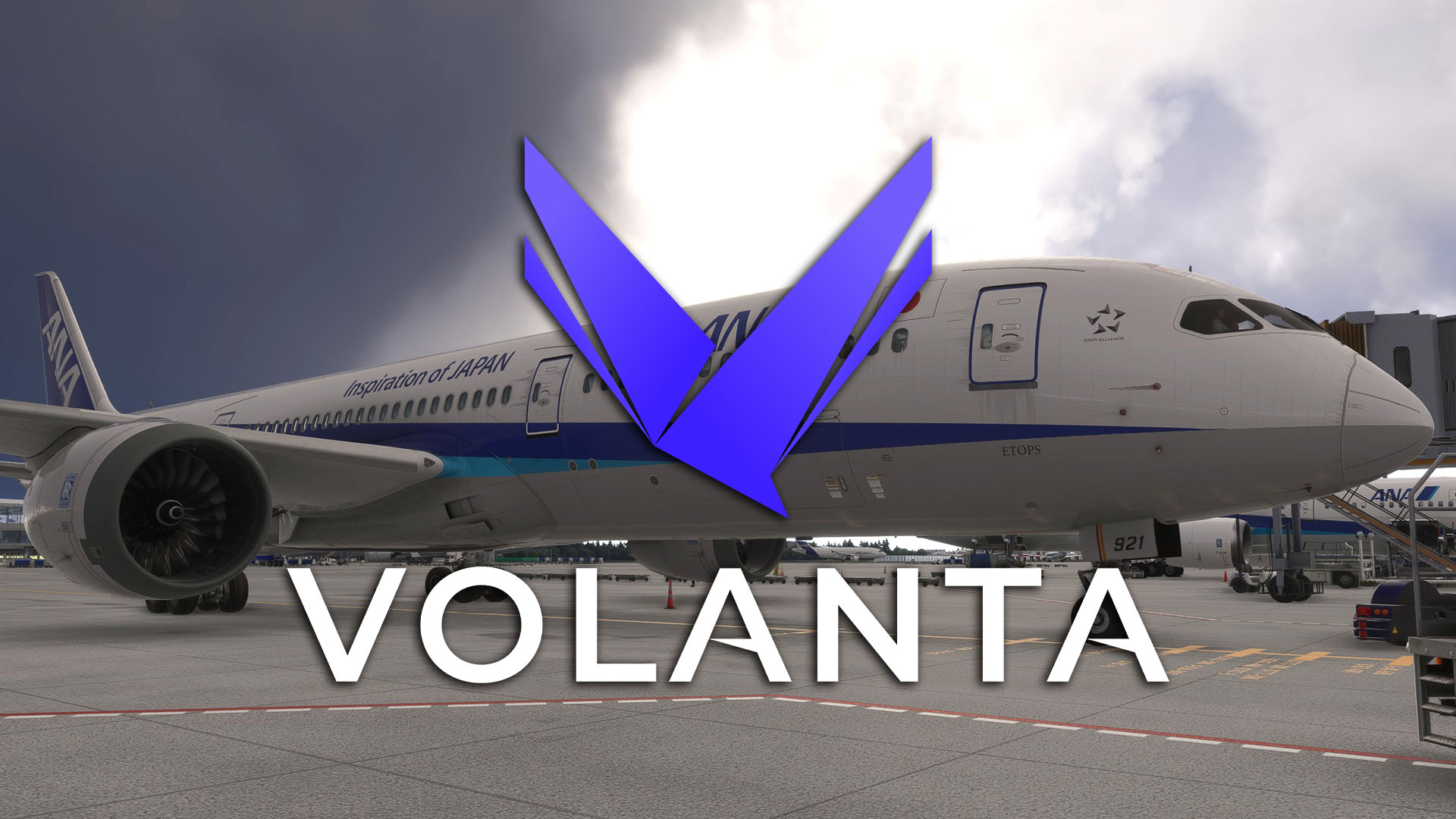 Volanta logo over ANA 787 in Microsoft Flight Simulator 2024
