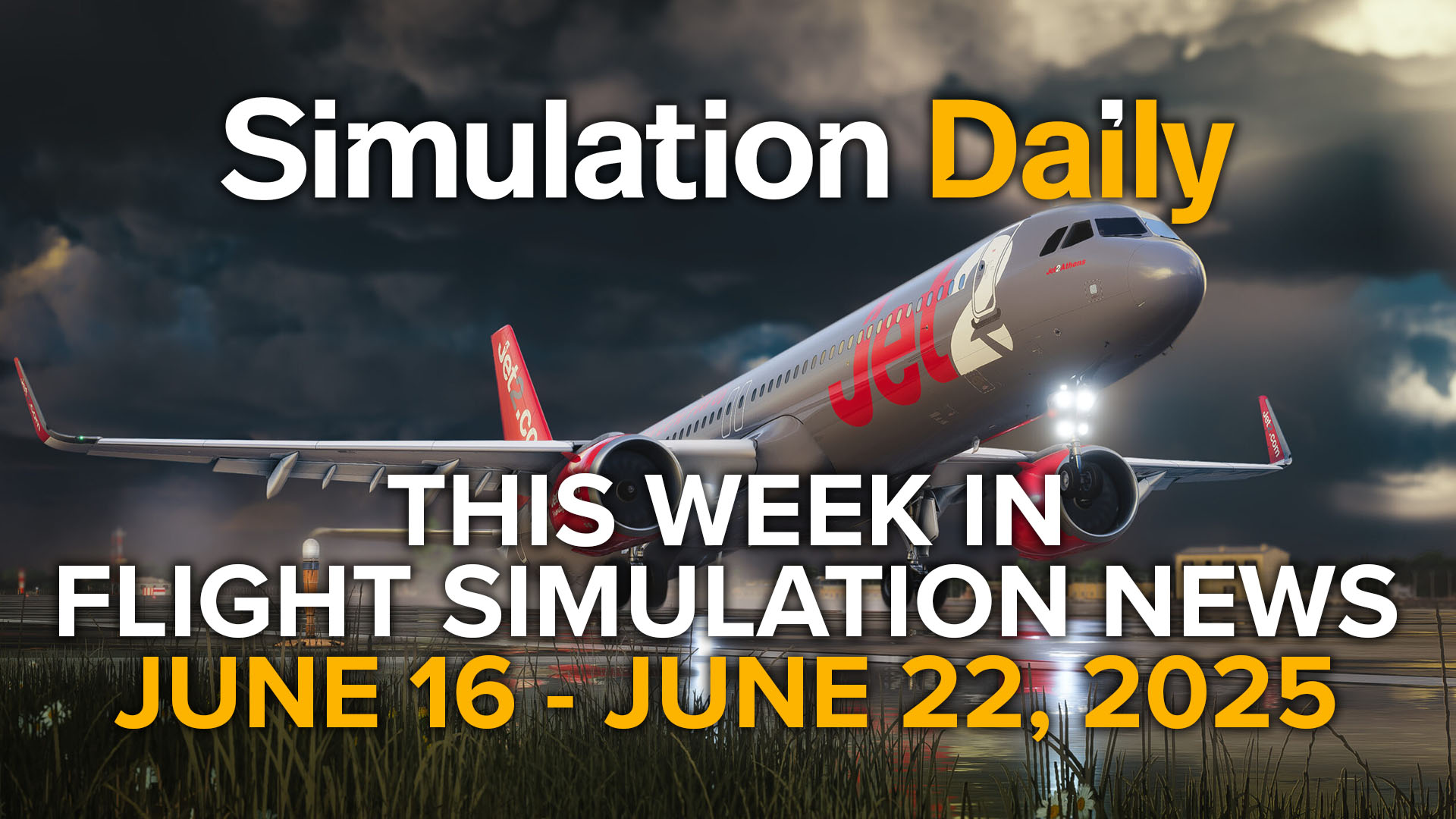 This Week in Flight Simulation News Hero Image with Airbus A321neo for Microsoft Flight Simulator taking off, the Simulation Daily logo, and the title.