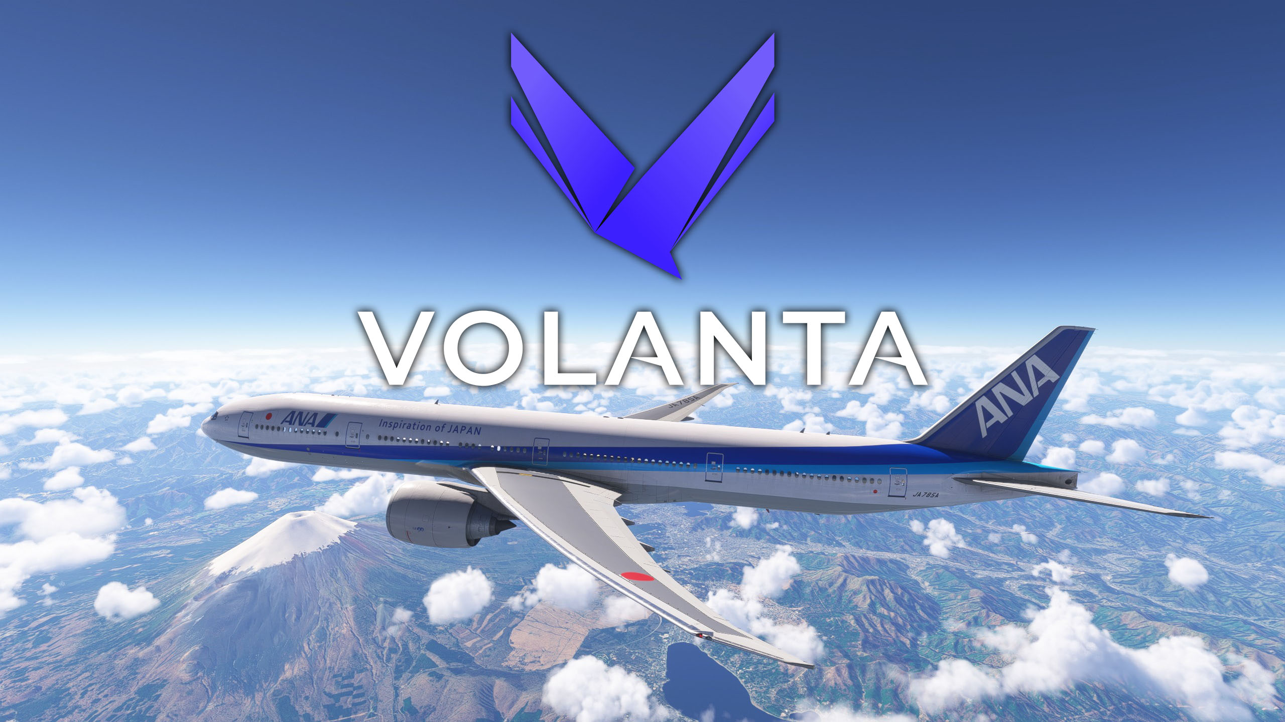 Volanta Logo and 777 flying over Mount Fuji in Microsoft Flight Simulator 2024