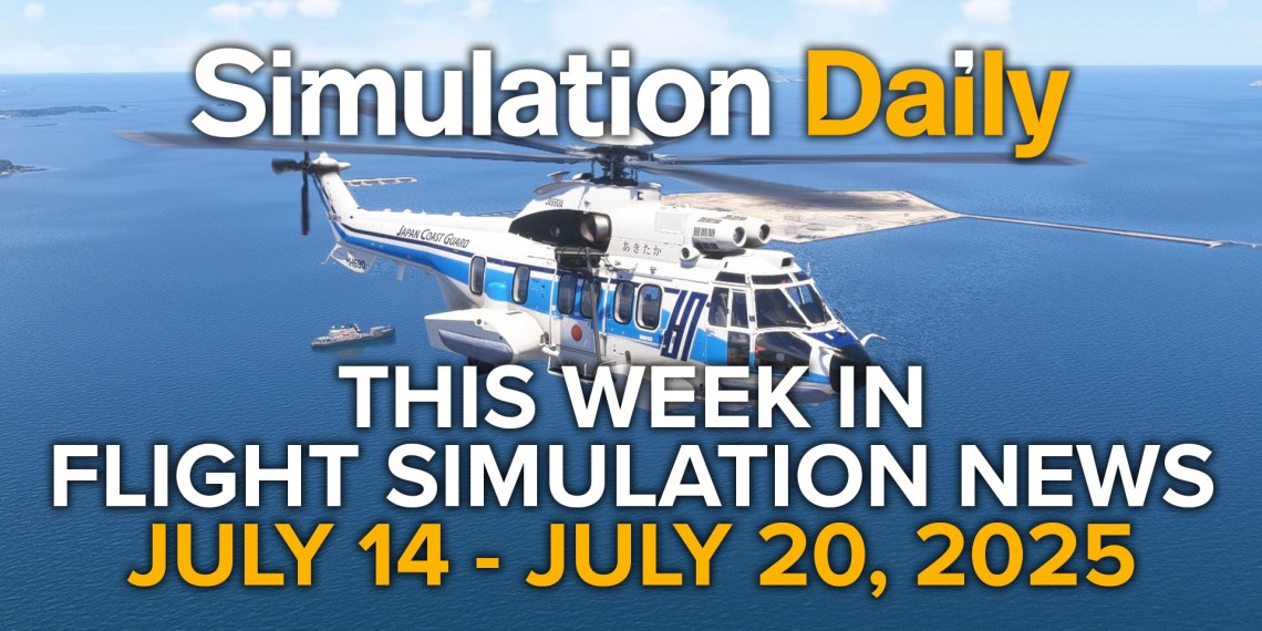 This Flight Simulation News Episode 13 Hero Image with Airbus H225 in Japan Coast Guard Livery in Microsoft Flight Simulator 2024, Simulation Daily Logo, and title