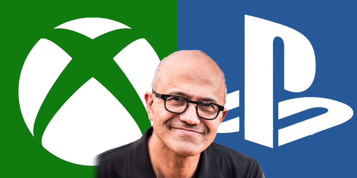 Xbox and PlayStation logos and Satya Nadella