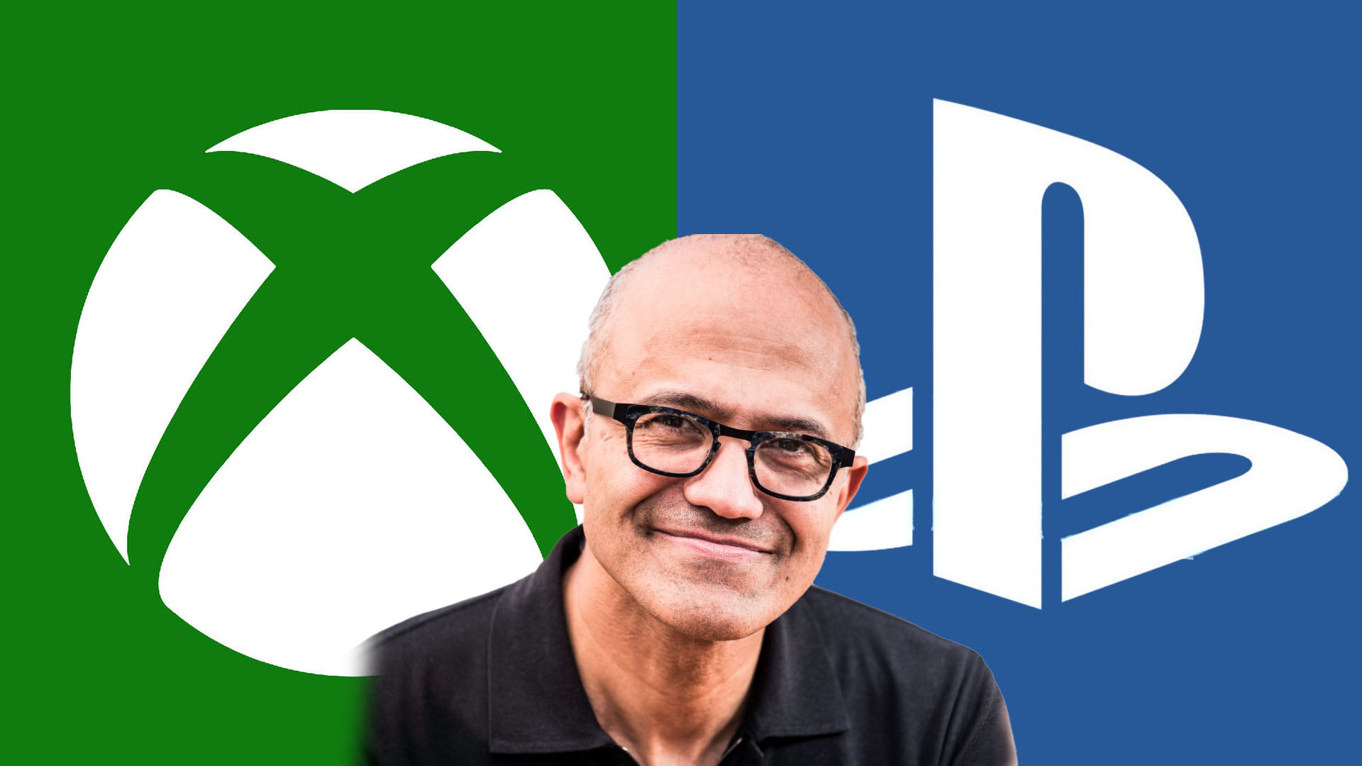 Xbox and PlayStation logos and Satya Nadella
