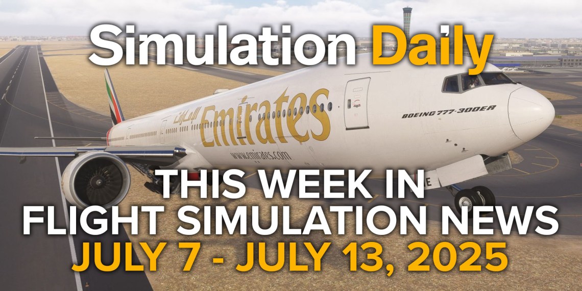 This Flight Simulation News Episode 12 Hero Image with Boeing 777 in Emirates Liveries in Microsoft Flight Simulator 2024, Simulation Daily Logo, and title