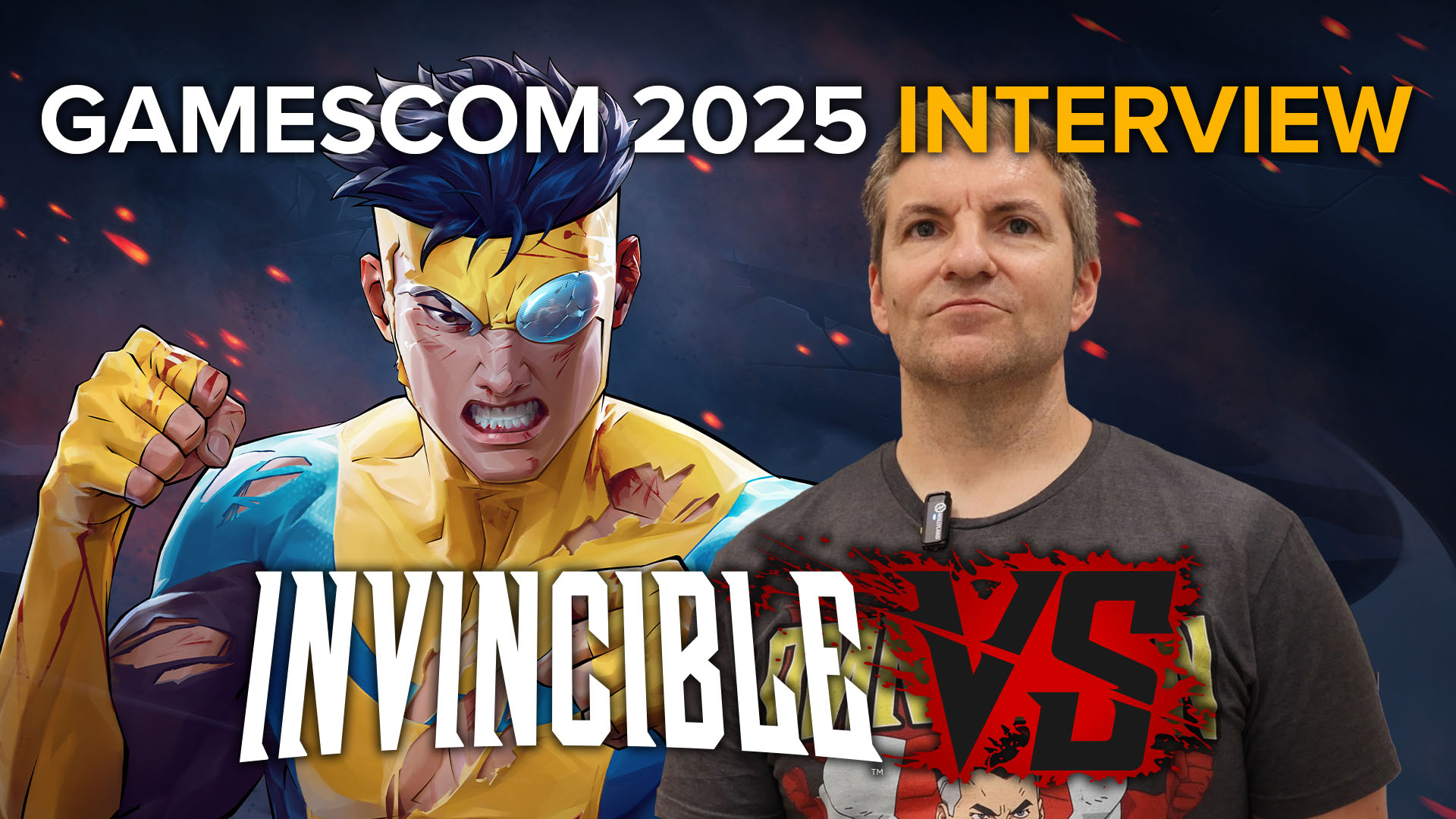 Invincible VS interview hero image with Mark, Executive Producer Mike Willette, and logo