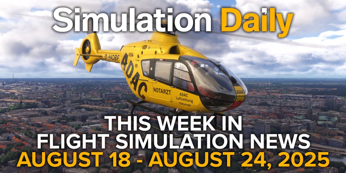This Flight Simulation News Episode 18 Hero Image with Eurocopter EC135 flying Bremen in Microsoft Flight Simulator 2024, Simulation Daily Logo, and title