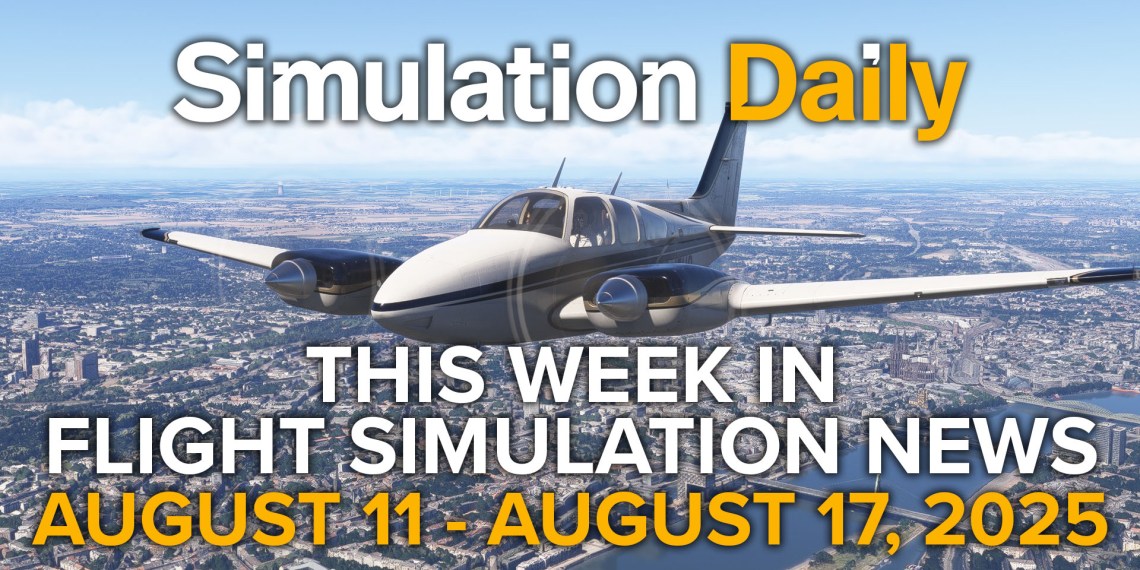 This Flight Simulation News Episode 17 Hero Image with Beechcraft Baron by Carenado flying over Cologne in Microsoft Flight Simulator 2024, Simulation Daily Logo, and title