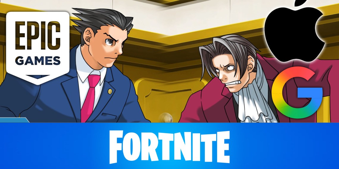 Epic Games, Google, and Apple Logos on Ace Attorney screenshot representing Epic's court win