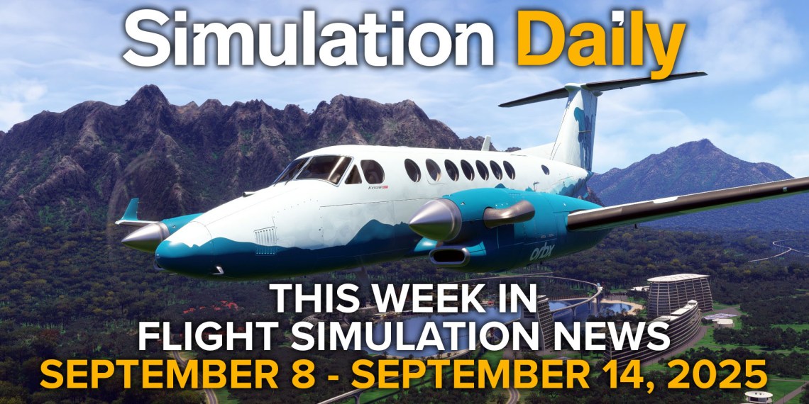 This Week in Flight Simulation News 21 Hero Image with King Air overflying the main street of Jurassic World Archipelago in Microsoft Flight Simulator 2024, with Simulation Daily Logo, and title
