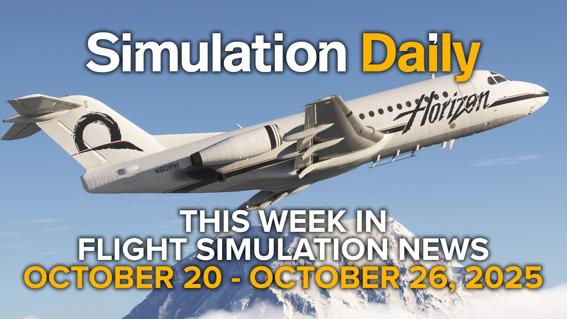 A Fokker F28 jet in Horizon livery climbs above snow-covered mountains in Microsoft Flight Simulator 2024, featured in the October 20–26, 2025 edition of Simulation Daily’s Weekly Flight Simulation News.