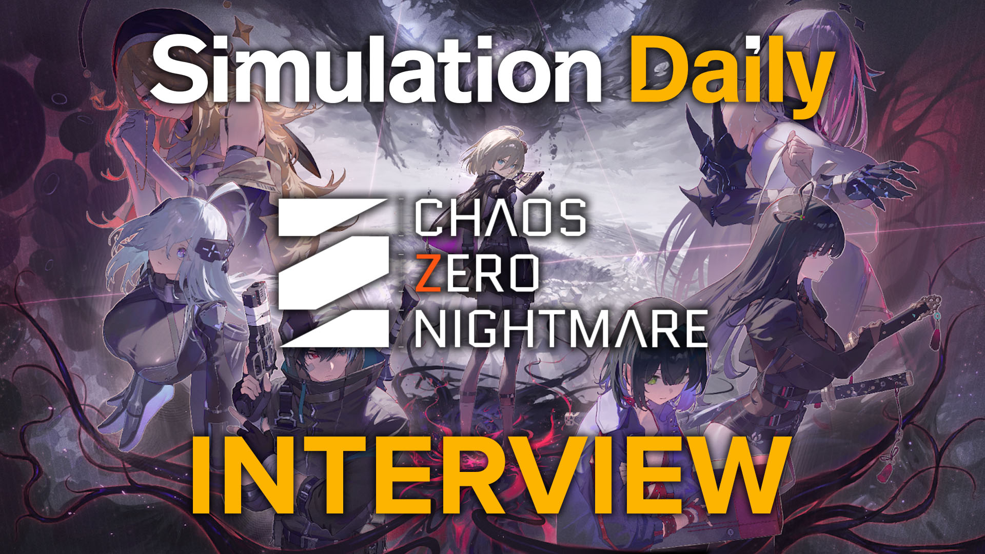 Artwork for Chaos Zero Nightmare interview on Simulation Daily featuring anime-style characters in combat poses, arranged around a glowing center with dramatic purple, red, and black tones.