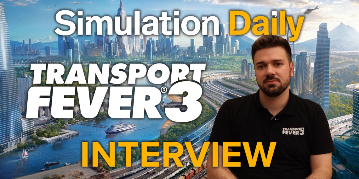 Transport Fever 3 Interview hero featuring key art, logo and picture of Urban Games Publishing Manager Nicolas Heini
