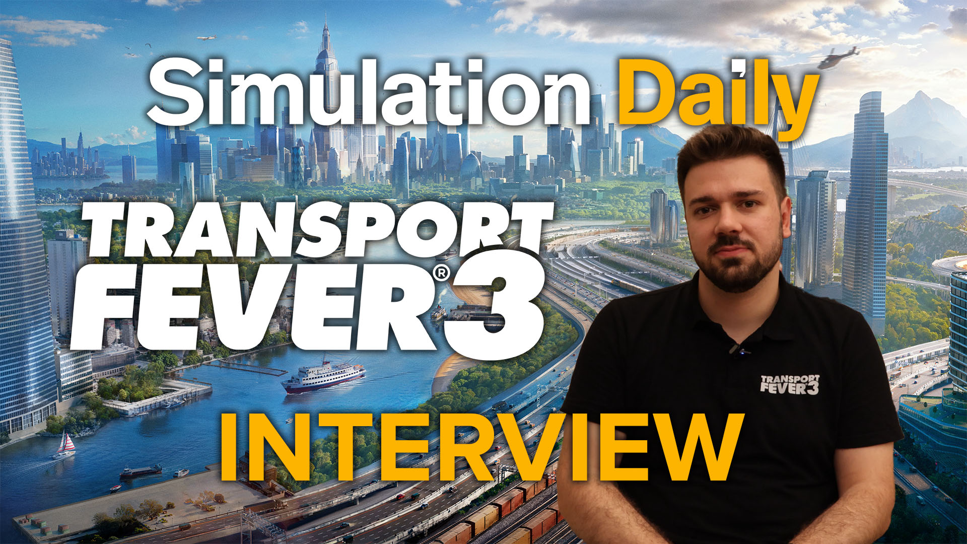Transport Fever 3 Interview hero featuring key art, logo and picture of Urban Games Publishing Manager Nicolas Heini