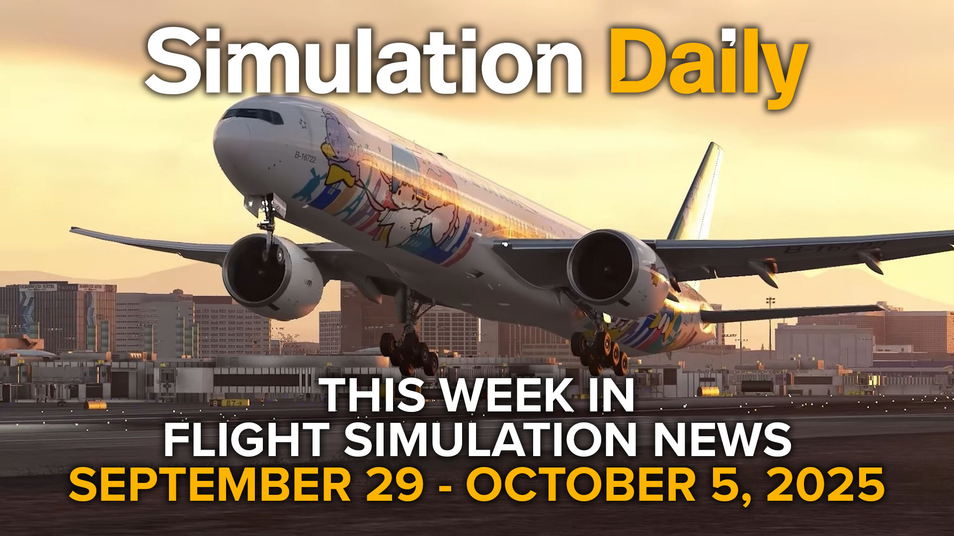 This Flight Simulation News Episode 24 Hero Image with Boeing 777 by PMDG in Sanryo livery taking off in Microsoft Flight Simulator 2024, Simulation Daily Logo, and title