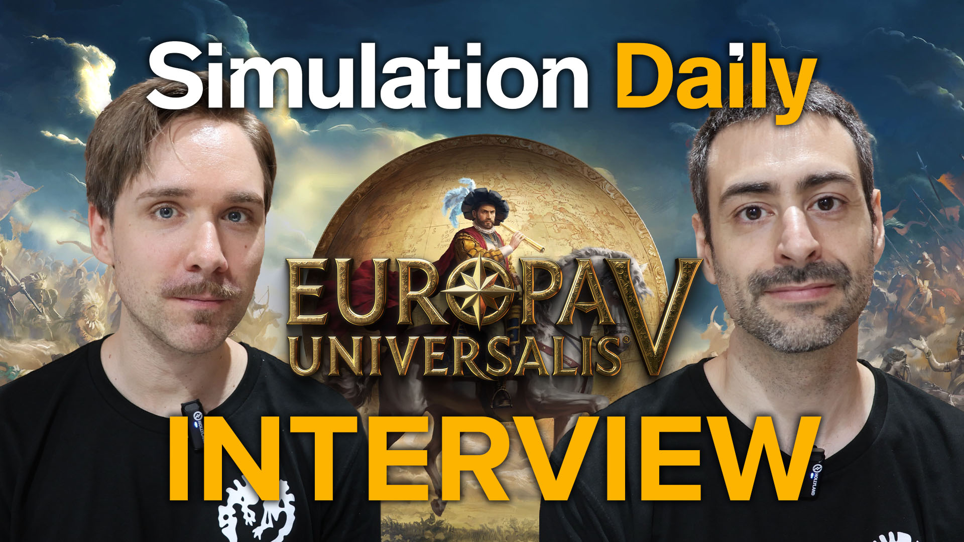 Featured image for Europa Universalis V interview at Tokyo Game Show 2025 featuring 3D Character Artist Stefan Vonboe Lang and Content Designer Roger Corominas, presented by Simulation Daily with historical battle backdrop and golden logo from the game.