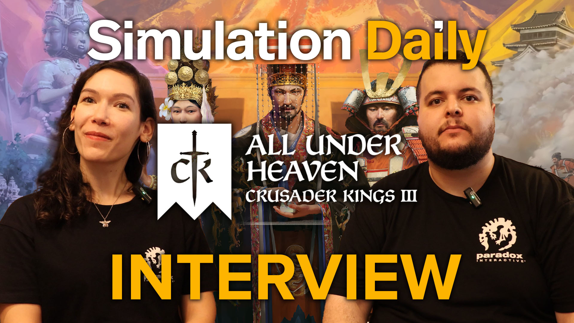 Crusader Kings 3 All Under Heaven interview at Tokyo Game Show 2025 featuring Paradox Interactive Producer Maria-Lucia Dzediti and QA Lead Riad Deneche, with East Asian historical artwork backdrop and Simulation Daily branding.