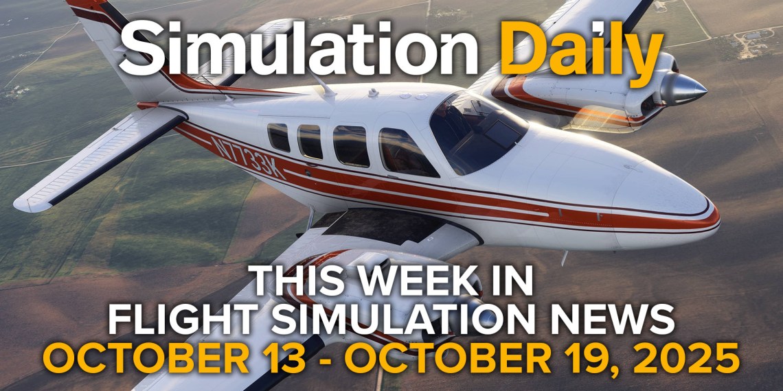 Promotional graphic for Simulation Daily featuring the Beechcraft Baron Professional by Black Square in Microsoft Flight Simulator. The aircraft, painted in red and white with registration N7138X, flies over a detailed landscape of fields under clear skies. Text overlay highlights flight simulation news for October 13–19, 2025.
