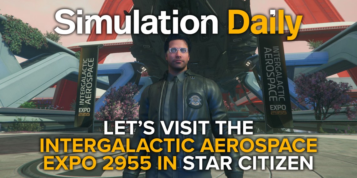 Player visiting the Intergalactic Aerospace Expo 2055 in Star Citizen with Simulation Daily Logo and Title