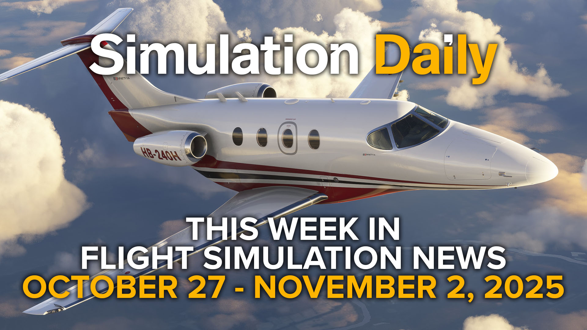 A Beechcraft Premier IA business jet in climbs above the clouds in Microsoft Flight Simulator 2024, featured in the October 27 - November 2, 2025 edition of Simulation Daily’s Weekly Flight Simulation News.