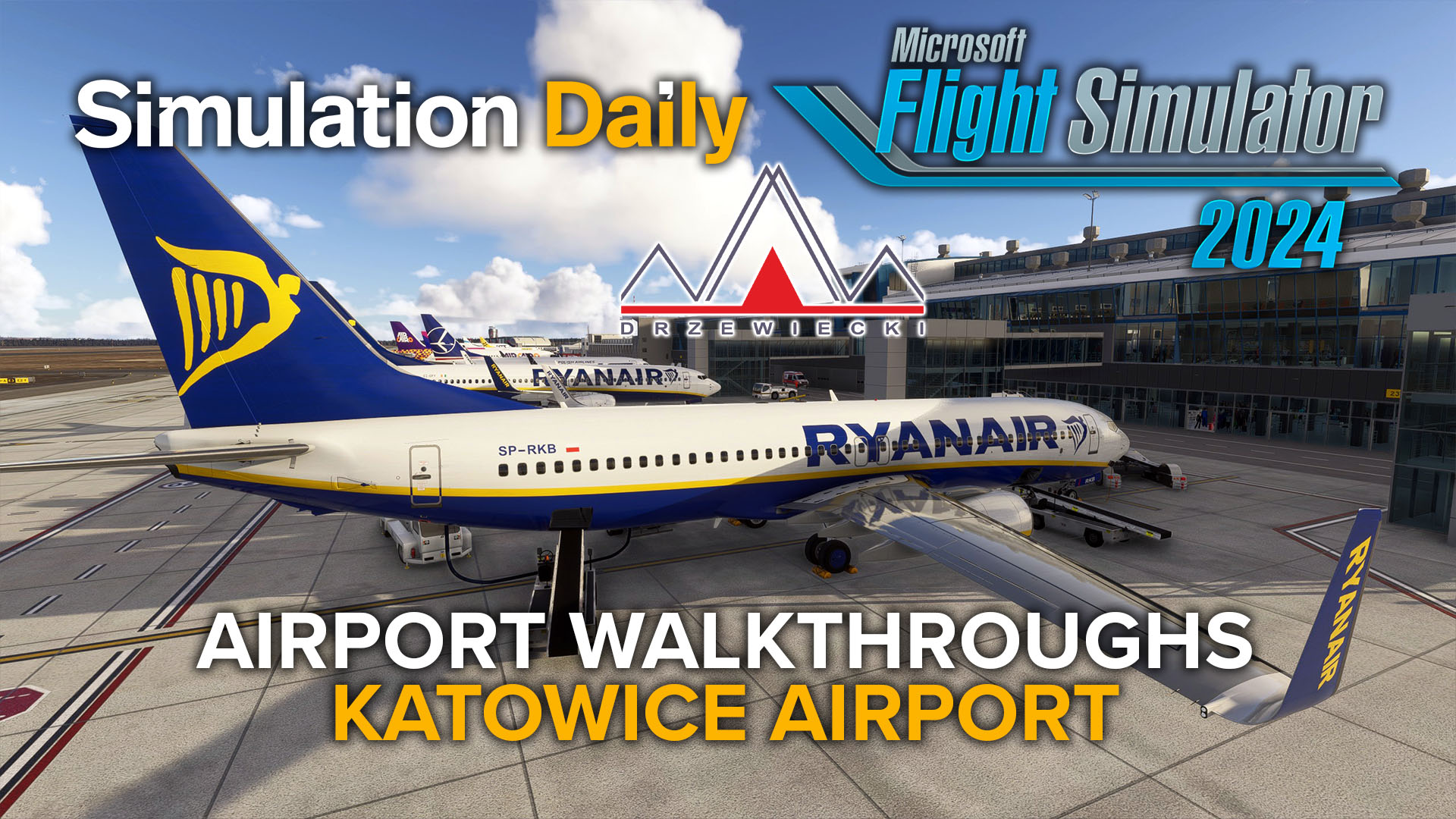 Ryanair Boeing 737 parked at Katowice Airport by Drzewiecki Design in Microsoft Flight Simyuklator 2024 with logos and title.