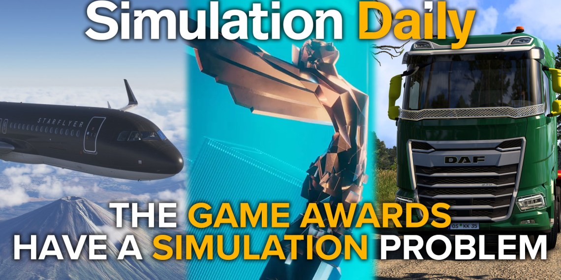 Imagery representng The Game Awards trophy, an Airbus A320 in Microsoft Flight Simulator 2024 and a DAF truck in Euro Truck Simulator 2, with Simulation Daily logo and "The Game Awards have a Simulationn Problem" title