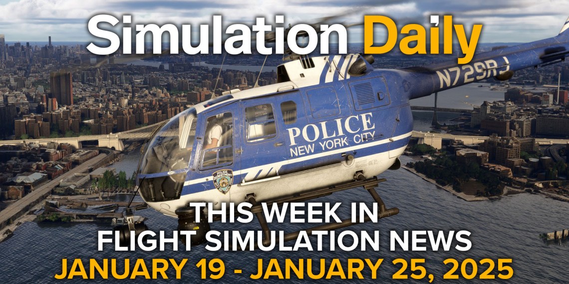 A MBB Bo 105 helicopter with the colors of the New York City Police in Microsoft Flight Simulator 2024 with Simulation Daily logo, dates, and "this Week in Flight Simulation News" tehtehte