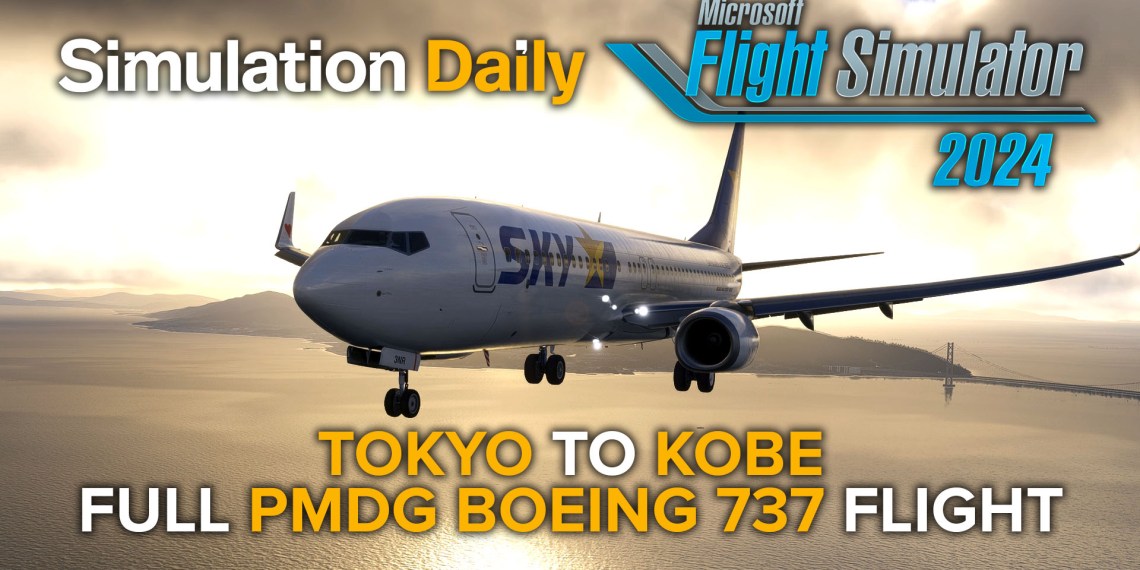 A Boeing 737-800 in Skymark Livery by PMDG in Microsoft Flight Simulator 2024 flying at sunset over the Akashi-Kaikyo Bridge with Simulation Daily and MSFS 2024 Logo and "Toyo to Kobe Full PMDG Boeing 737 Flight" title.