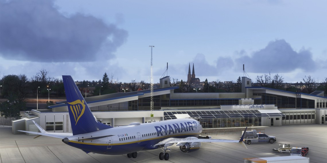 A flight Simultion scene: A Ryanair Boeing 737 parked at Stockholm Västerås Airpoprt in Microsoft Flight Simulator