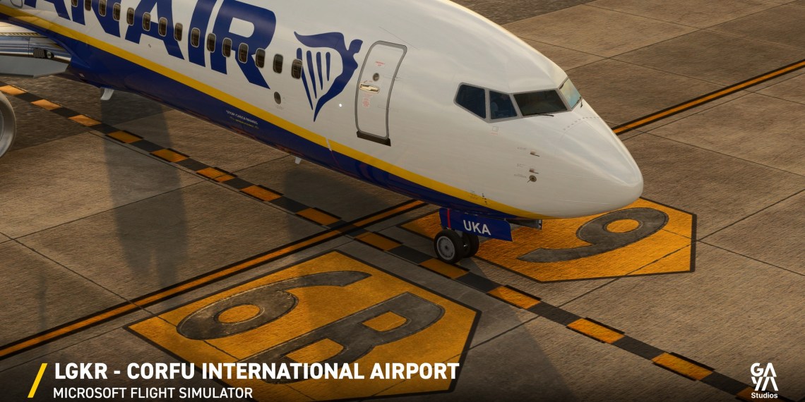 A flight simulation scene: Ryanair Boeing 737 at Corfu Airport for Microsoft Flight Simulator
