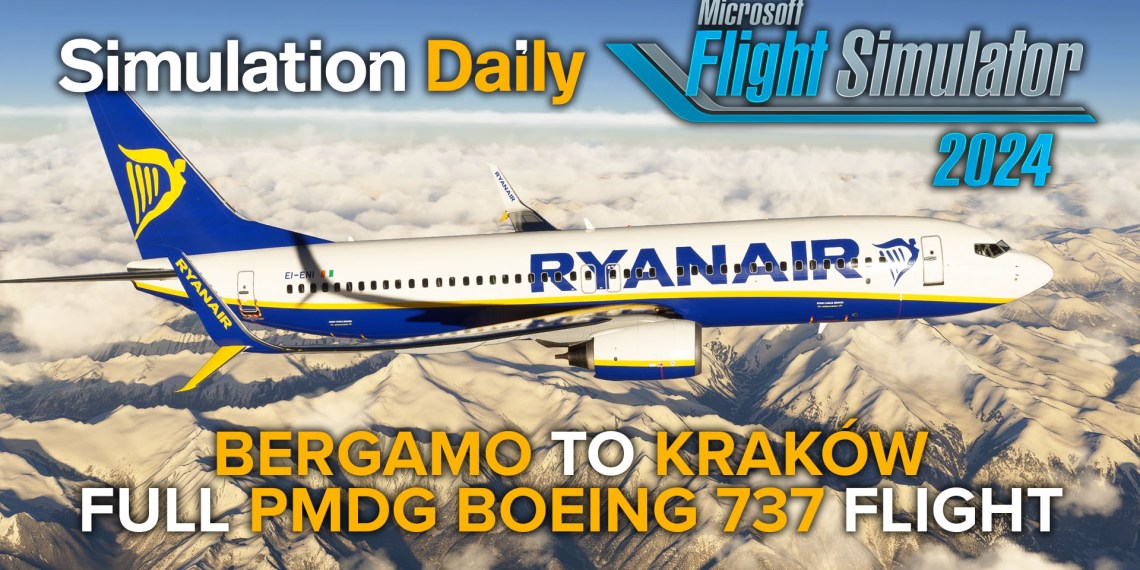 A Ryanair Boeing 737 by PMDG flying over the Alps in Microsoft Flight Simulator 2024