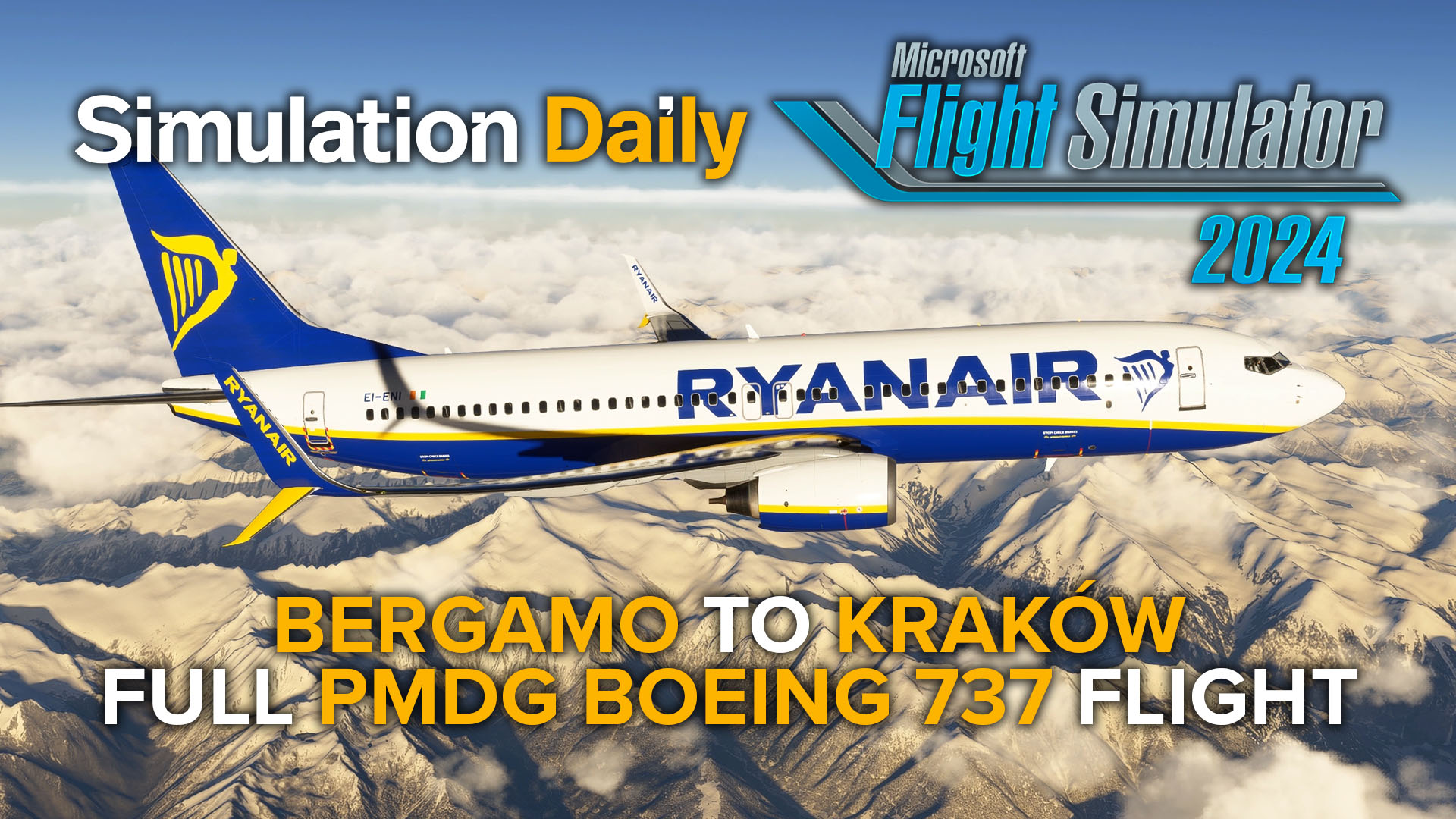 A Ryanair Boeing 737 by PMDG flying over the Alps in Microsoft Flight Simulator 2024