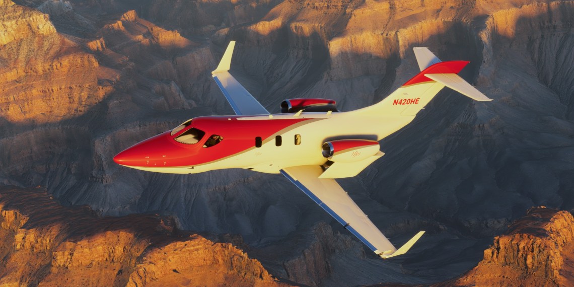 A flight simulation scene: Microsoft Flight Simulator 2024 Honda Jet
