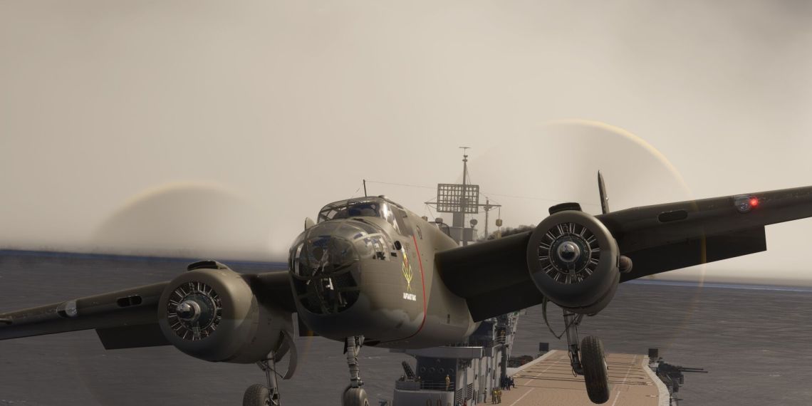 A flight simulation scene: Microsoft Flight Simulator B-25 Doolittle