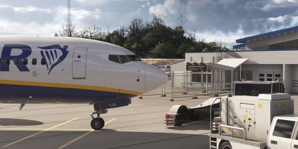 A flight simulation scene: A Ryanair Boeing 737 in Microsoft Flight Simulator at Stockholm Västerås Airport