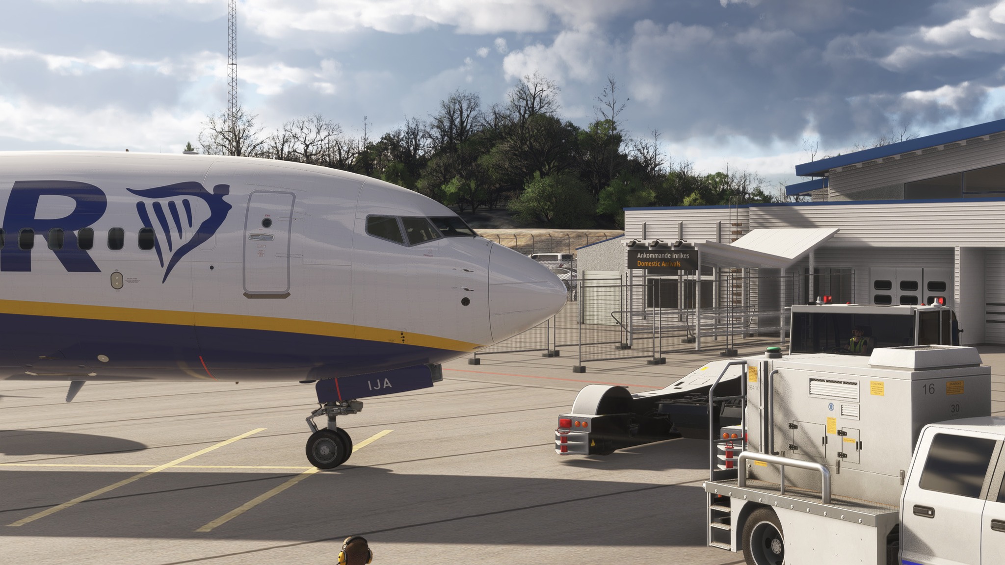 A flight simulation scene: A Ryanair Boeing 737 in Microsoft Flight Simulator at Stockholm Västerås Airport