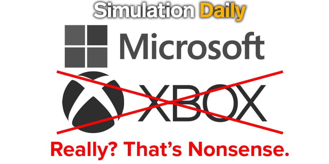Microsoft and Xbox logos with the latter crossed out and "really? that's nonsense" comment, alongside Simulation Daily logo