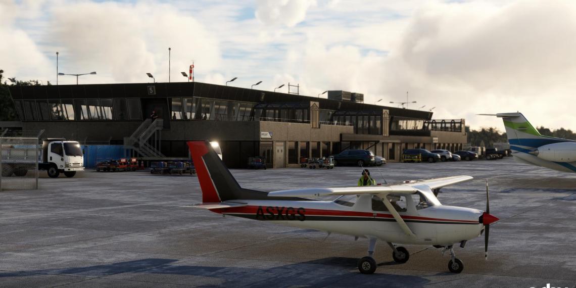 A flight simulation scene, A Cessna oarjed in friont of the terninal of Detroit Coleman A. Young Airport in Microsoft Flight Simukator 2024