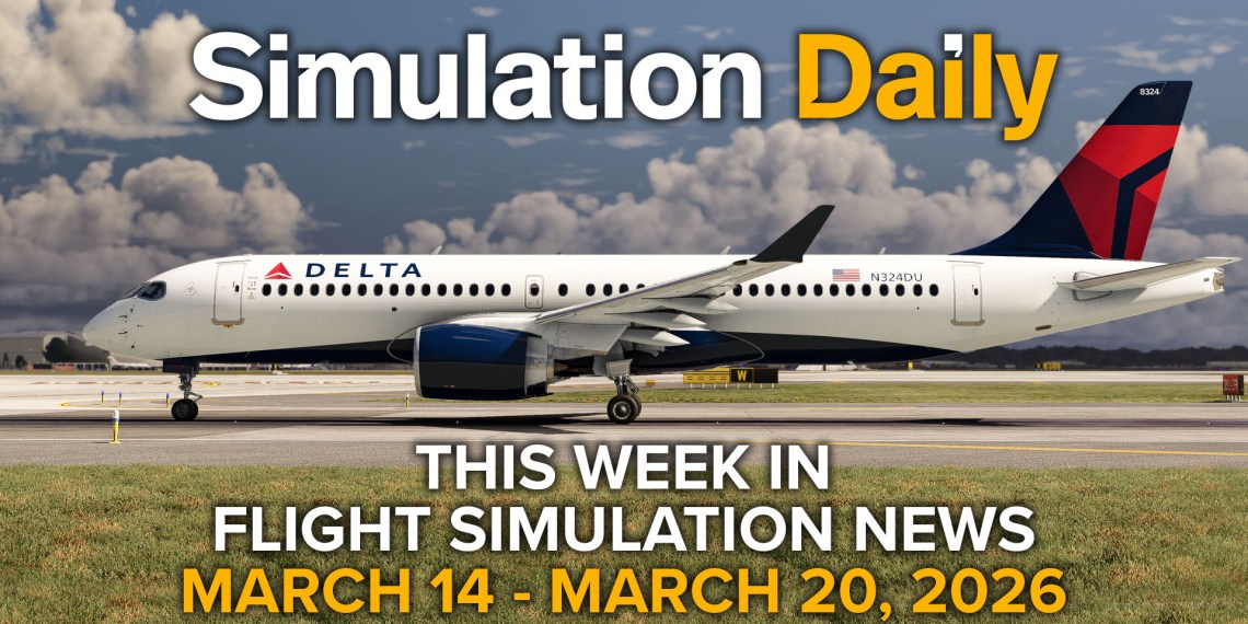 An Airbus A220 by Synaptic Simulations on the runway in Delta colors in Microsoft Flight Simulator 2024 with "This Week in Flight Simulation News - March 14 - March 20" title and Simulation Daily logo